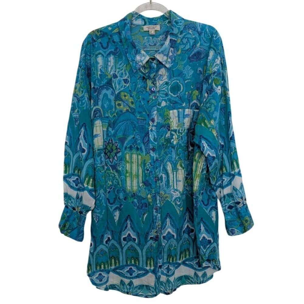 Orientique Floral Shirt Womens Size Medium Blue Oversized Roll Tab Sleeves Tunic